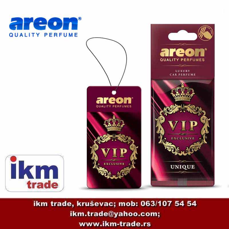 Mirisna jelkica AREON VIP Exclusive UNIQUE sa luksuznom kombinacijom drvenih, začinskih i voćnih nota za sofisticiran miris u automobilu.